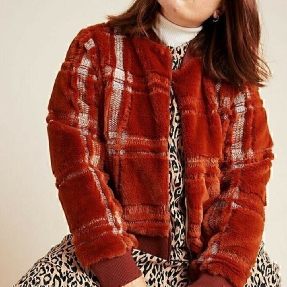 Anthropologie NWT Plaid Teddy Bomber Jacket L